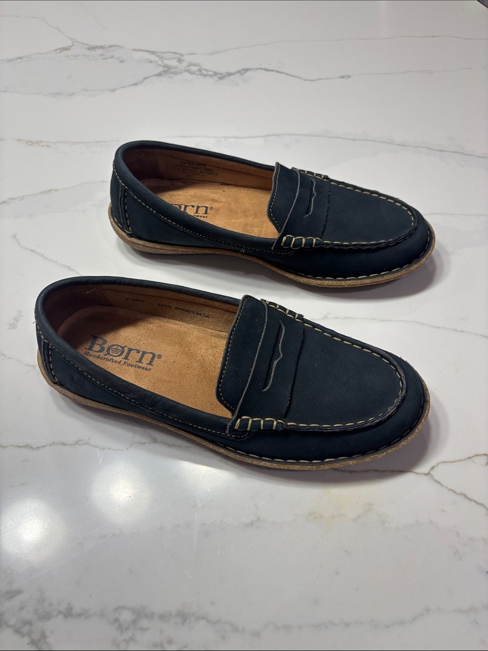 Born NAVY BLUE Suede Penny Loafers with Contrast Stitching - Picture 8 of 15